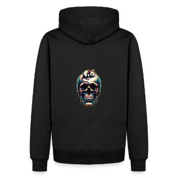 Bunter Skull mit süßer kleiner Maus auf der Stirn - Männer Premium Bio Hoodie - Schwarz - Hinten - Nico (187cm)