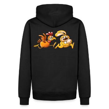 Lapin de Pâques volant un oeuf d'une poule Furious - Sweat à capuche Premium bio Homme - noir - Dos - Nico (187cm)