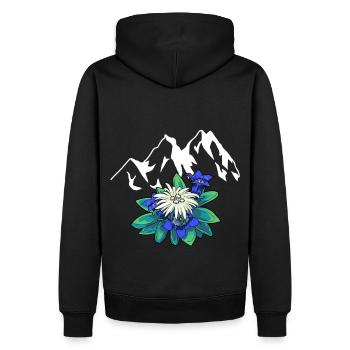 Gebirge Berge Tirol Edelweiß Enzian Natur Wandern - Männer Premium Bio Hoodie - Schwarz - Hinten - Nico (187cm)