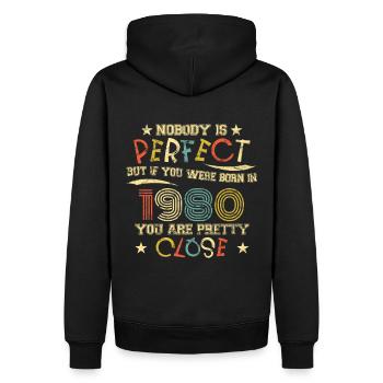 1980 Anniversaire Vintage Personne n’est parfait - Sweat à capuche Premium bio Homme - noir - Dos - Nico (187cm)