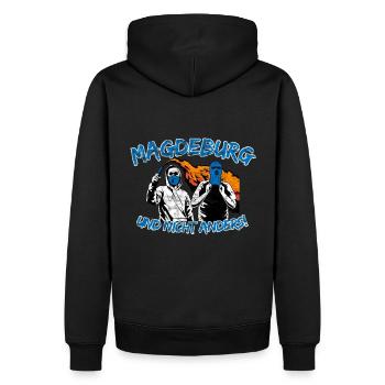 Magdeburg und nicht anders UPDATE - Männer Premium Bio Hoodie - Schwarz - Hinten - Nico (187cm)