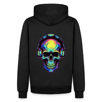 Bunter abstrakter Totenkopf mit Kopfhörer - Männer Premium Bio Hoodie - Schwarz - Hinten - Nico (187cm)