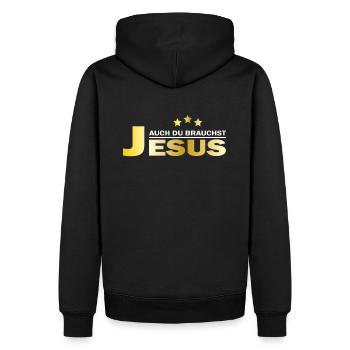 Auch du brauchst Jesus | Christliche Sprüche Gott - Männer Premium Bio Hoodie - Schwarz - Hinten - Nico (187cm)