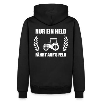 Nur ein Held fährt aufs Feld Landwirtschaft Bauer - Männer Premium Bio Hoodie - Schwarz - Hinten - Nico (187cm)