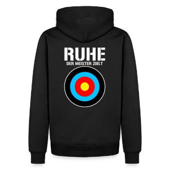 Ruhe! Der Meister zielt! Bogenschießen Bogensport - Männer Premium Bio Hoodie - Schwarz - Hinten - Nico (187cm)