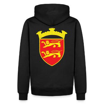 RED COAT OF ARMS LION TOWER GOLD COPYRIGHT RUNEMBERG - Men’s Premium Organic Hoodie - black - Back - Nico (187cm)