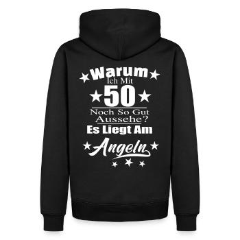 Warum ich mit 50 noch gut aussehe? Angler Angeln G - Männer Premium Bio Hoodie - Schwarz - Hinten - Nico (187cm)