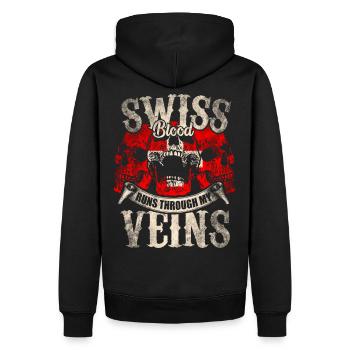 Schweizer Blut fliesst durch meine Venen - Männer Premium Bio Hoodie - Schwarz - Hinten - Nico (187cm)
