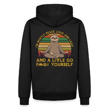 Ich bin meistens Frieden Liebe und Licht fick dich Yoga - Männer Premium Bio Hoodie - Schwarz - Hinten - Nico (187cm)