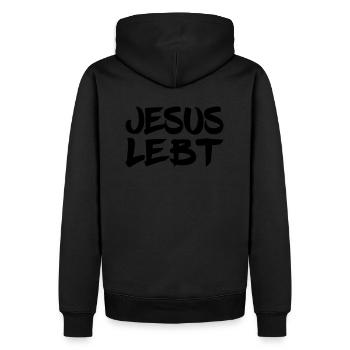 JESUS LEBT Glaubensbekenntnis - Männer Premium Bio Hoodie - Schwarz - Hinten - Nico (187cm)