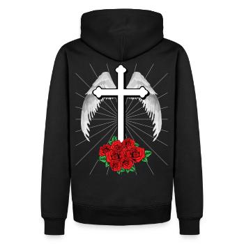 Himmlisches Kreuz Kreuze Jesus Gott Engelsflügel - Männer Premium Bio Hoodie - Schwarz - Hinten - Nico (187cm)