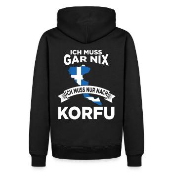 Ich muss gar nix ich muss nur nach Korfu - Männer Premium Bio Hoodie - Schwarz - Hinten - Nico (187cm)