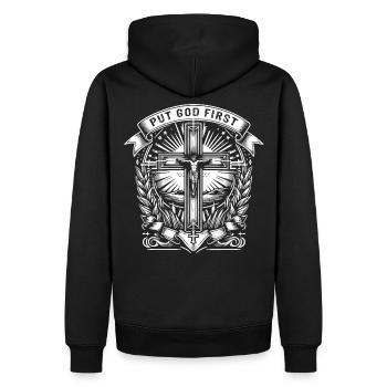 METTEZ DIEU EN PREMIER à Banderole Jesus Cross - Sweat à capuche Premium bio Homme - noir - Dos - Nico (187cm)