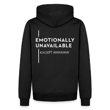 Emotionally Unavailable – Meme Trend Typo Spruch - Männer Premium Bio Hoodie - Schwarz - Hinten - Nico (187cm)