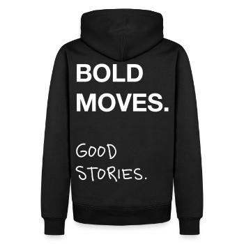 Bold Moves. Good Stories. - Men’s Premium Organic Hoodie - black - Back - Nico (187cm)