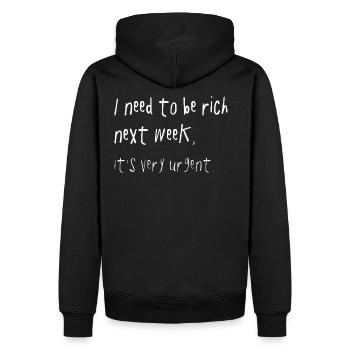 Need To Be Rich Urgent Gen Z Spruch - Sweat à capuche Premium bio Homme - noir - Dos - Nico (187cm)