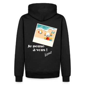 Je pense à vous sur la plage - Sweat à capuche Premium bio Homme - noir - Dos - Nico (187cm)