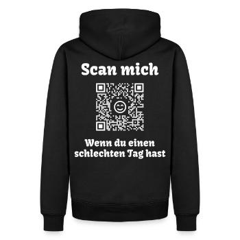 QR-Code mit freundlicher Botschaft (Scanne Mich) - Männer Premium Bio Hoodie - Schwarz - Hinten - Nico (187cm)