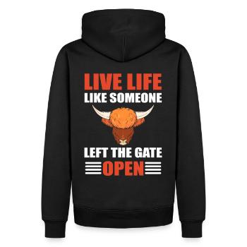 Live Life Like Someone Left The Gate Open - Men’s Premium Organic Hoodie - black - Back - Nico (187cm)