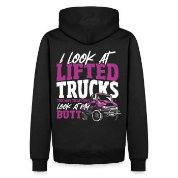 Je regarde les camions élévateurs de la façon dont les gars regardent - Sweat à capuche Premium bio Homme - noir - Dos - Nico (187cm)