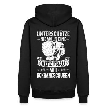 Unterschätze niemals eine alte Frau mit - Männer Premium Bio Hoodie - Schwarz - Hinten - Nico (187cm)