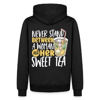 Thé sucré Ne vous mettez jamais entre une femme et une femme - Sweat à capuche Premium bio Homme - noir - Dos - Nico (187cm)