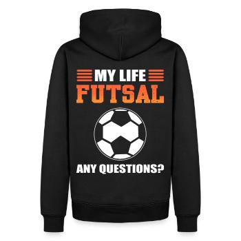 My Life Futsal Any Questions? Futsal Indoor - Men’s Premium Organic Hoodie - black - Back - Nico (187cm)