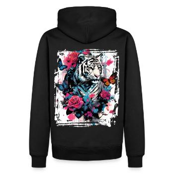 Majestätischer Tiger mit Schmetterlingen und Rosen - Männer Premium Bio Hoodie - Schwarz - Hinten - Nico (187cm)