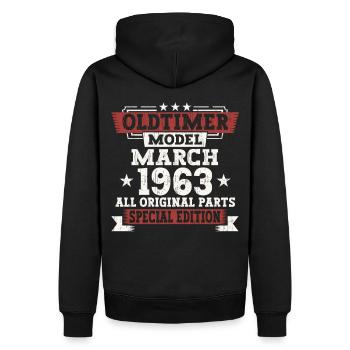 60. Geburtstag Mann März Jahrgang 1963 Oldtimer - Männer Premium Bio Hoodie - Schwarz - Hinten - Nico (187cm)