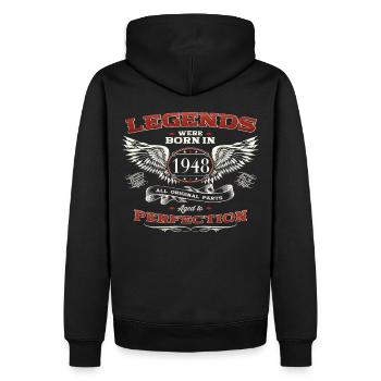 75e anniversaire homme légende né 1948 voiture classique - Sweat à capuche Premium bio Homme - noir - Dos - Nico (187cm)