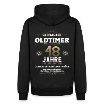 48. Geburtstag Mann Oldtimer Jahrgang 1975 - Männer Premium Bio Hoodie - Schwarz - Hinten - Nico (187cm)