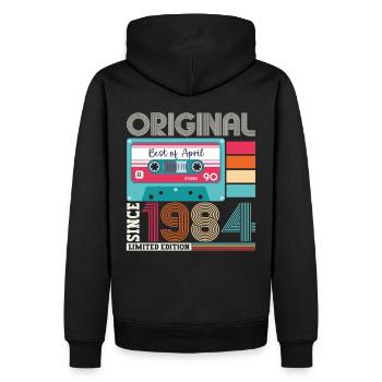 39e anniversaire homme April Born 1984 Cassette - Sweat à capuche Premium bio Homme - noir - Dos - Nico (187cm)