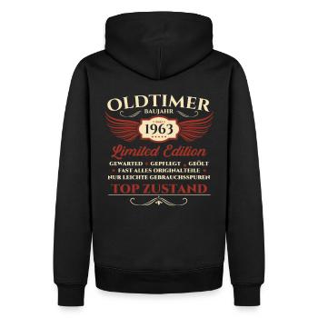 Oldtimer 60. Geburtstag Mann Mai Jahrgang 1963 - Männer Premium Bio Hoodie - Schwarz - Hinten - Nico (187cm)