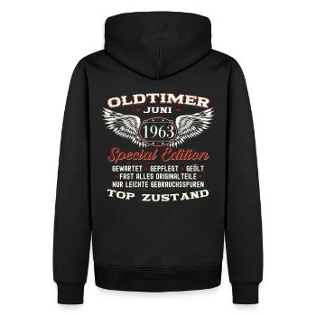 60. Geburtstag Mann Juni Jahrgang 1963 Oldtimer - Männer Premium Bio Hoodie - Schwarz - Hinten - Nico (187cm)