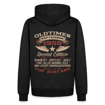 65. Geburtstag Oldtimer September Jahrgang 1958 - Männer Premium Bio Hoodie - Schwarz - Hinten - Nico (187cm)