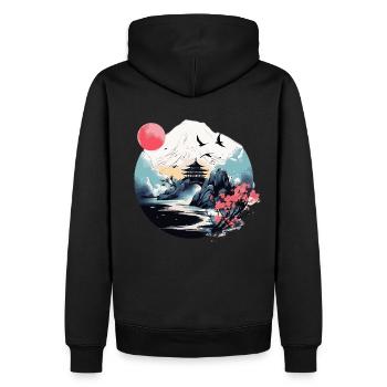 Japanischer Berg-, Wasser- und Pagodenszene - Männer Premium Bio Hoodie - Schwarz - Hinten - Nico (187cm)