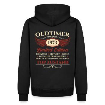 50. Geburtstag Oldtimer Oktober Jahrgang 1973 - Männer Premium Bio Hoodie - Schwarz - Hinten - Nico (187cm)