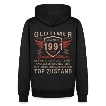 32. Geburtstag Oldtimer Dezember Jahrgang 1991 - Männer Premium Bio Hoodie - Schwarz - Hinten - Nico (187cm)