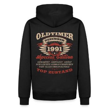 32. Geburtstag Oldtimer Dezember Jahrgang 1991 - Männer Premium Bio Hoodie - Schwarz - Hinten - Nico (187cm)