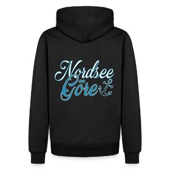 Nordseegöre Schriftzug | Yolo-Artwork - Männer Premium Bio Hoodie - Schwarz - Hinten - Nico (187cm)