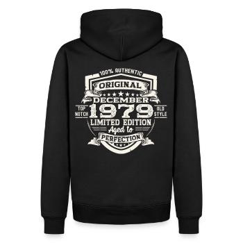 Cadeau original du 43e anniversaire de décembre 1979 - Sweat à capuche Premium bio Homme - noir - Dos - Nico (187cm)