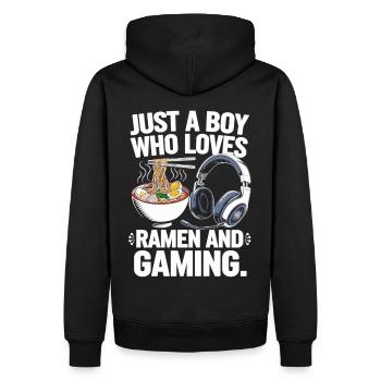 Gaming & Ramen – Perfektes Zocker-Motiv - Männer Premium Bio Hoodie - Schwarz - Hinten - Nico (187cm)