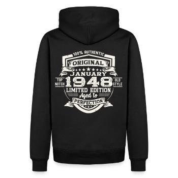 Né en 1948 Janvier 75e anniversaire Homme cadeau - Sweat à capuche Premium bio Homme - noir - Dos - Nico (187cm)
