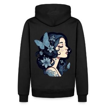 Gothic-Frau und blaue Schmetterlinge im Dunkeln - Männer Premium Bio Hoodie - Schwarz - Hinten - Nico (187cm)