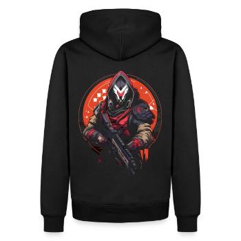 Epic Gamer Guardian mit Cape auf der Jagd Design - Männer Premium Bio Hoodie - Schwarz - Hinten - Nico (187cm)