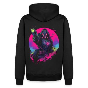 Epic Gamer Guardian in Vaporwave Synthwave Farben - Männer Premium Bio Hoodie - Schwarz - Hinten - Nico (187cm)