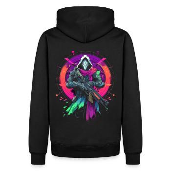 Epic Gamer Guardian in Vaporwave Synthwave Farben - Männer Premium Bio Hoodie - Schwarz - Hinten - Nico (187cm)