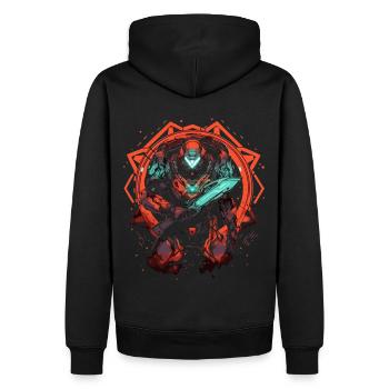 Epic Gamer Guardian mit Schwert vor rotem Kreis - Männer Premium Bio Hoodie - Schwarz - Hinten - Nico (187cm)