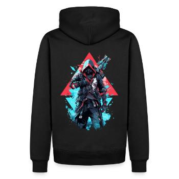 Epischer Gamer Cyber Assassine in Blau und Rot - Männer Premium Bio Hoodie - Schwarz - Hinten - Nico (187cm)