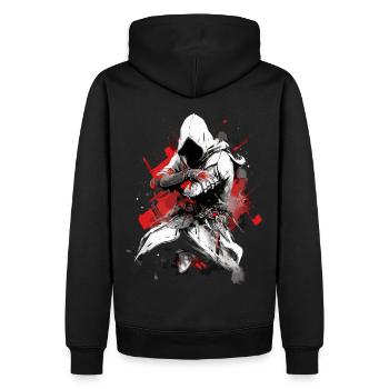 Epischer Gamer Cyber Assassine in Rot und Weiß - Männer Premium Bio Hoodie - Schwarz - Hinten - Nico (187cm)